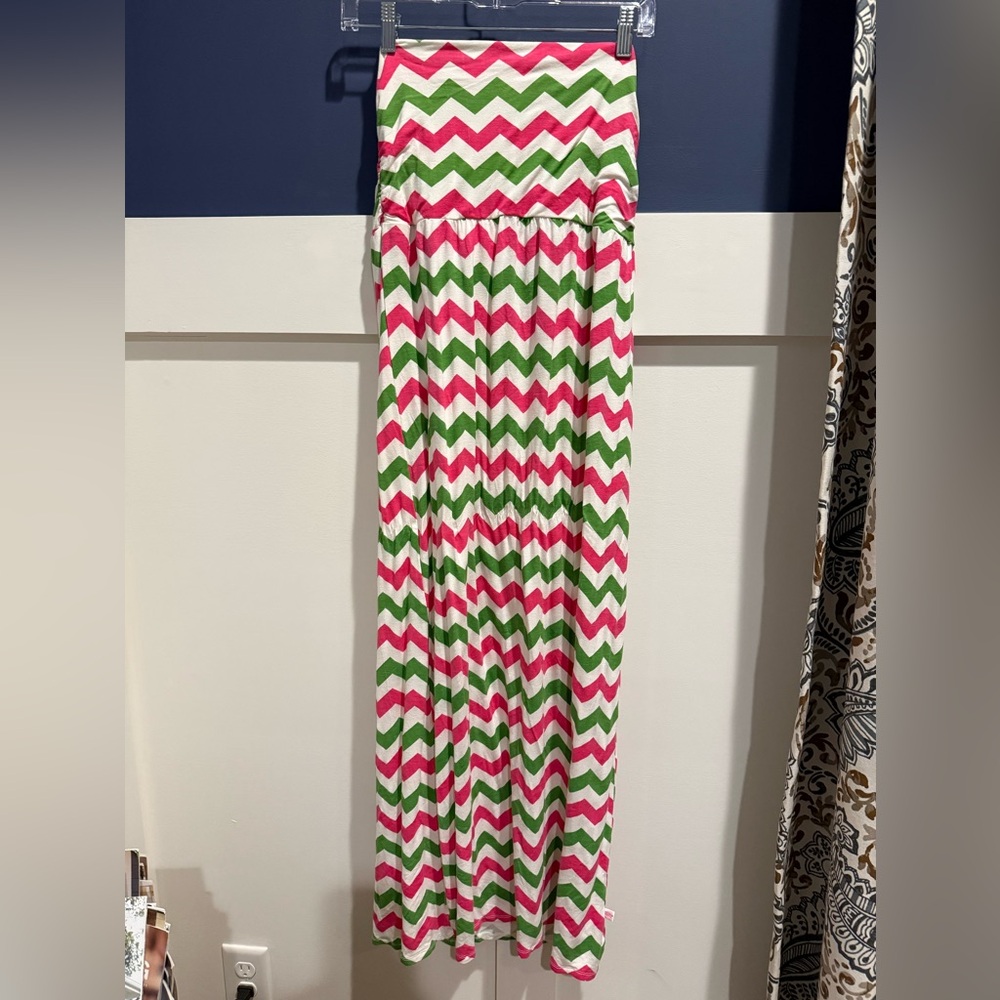 Lolly Wolly Doodle Strapless Chevron Maxi Dress - Pink and Green Size S NWOT